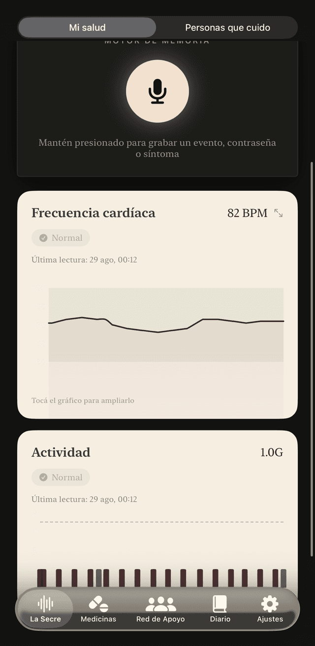 Pantalla principal de La Secre con la frecuencia cardíaca en 82 BPM y la actividad del día