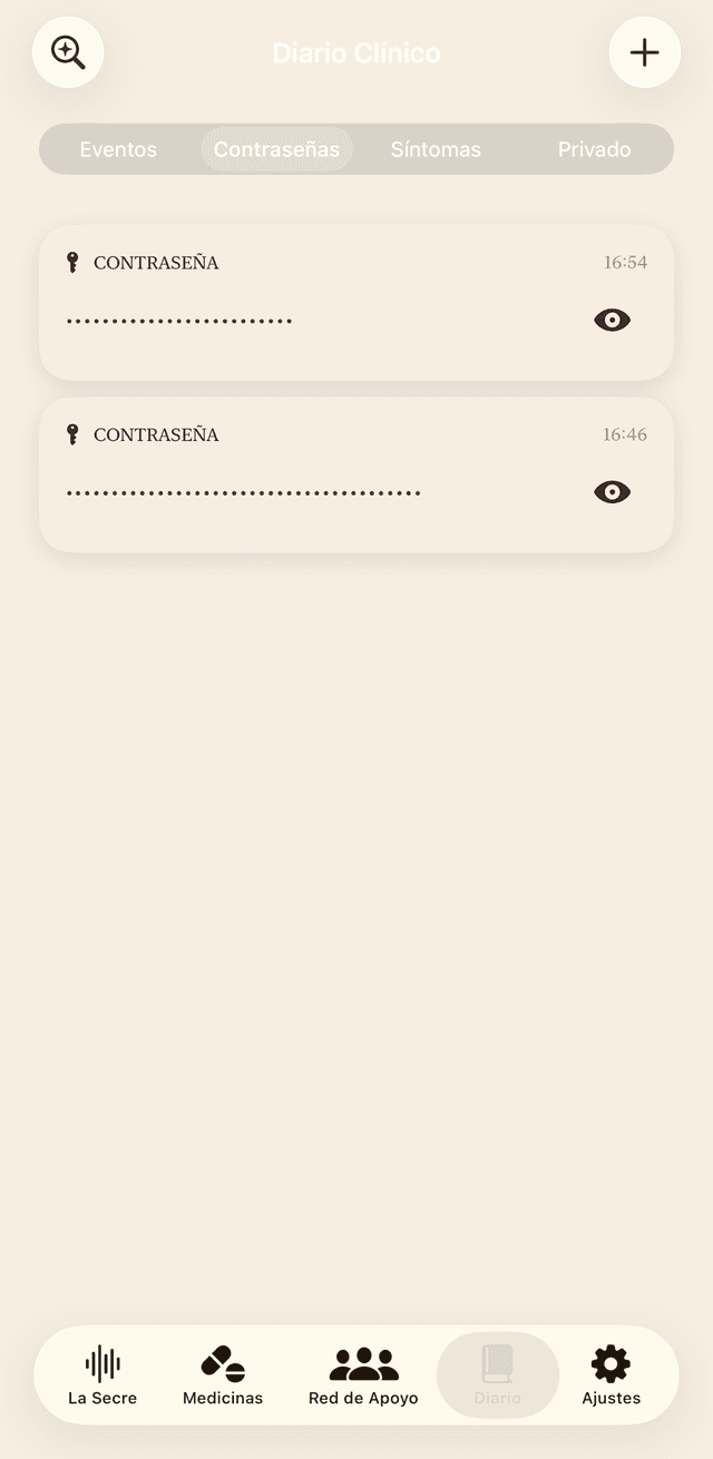 Diario de La Secre mostrando dos contraseñas guardadas y ocultas